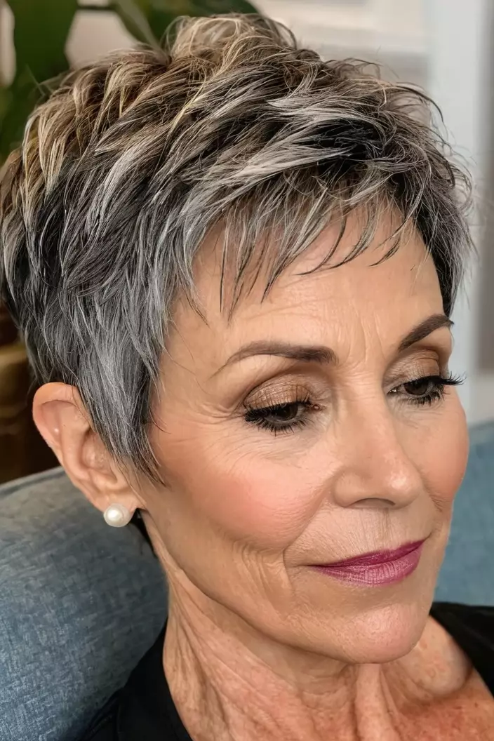 A photo of a 50-year-old Wendy, Textured Pixie, side view, living room background  