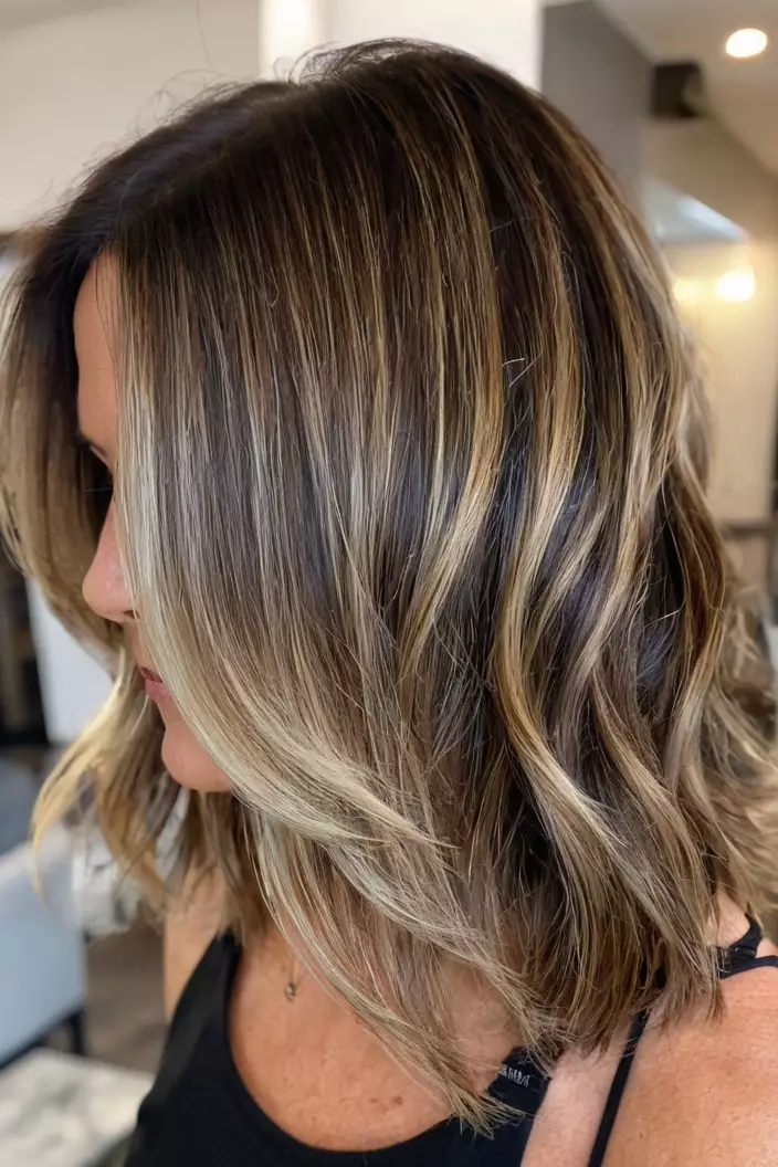 A photo of a 42-year-old Wendy, short layers with balayage highlights for thick hair, living room background  