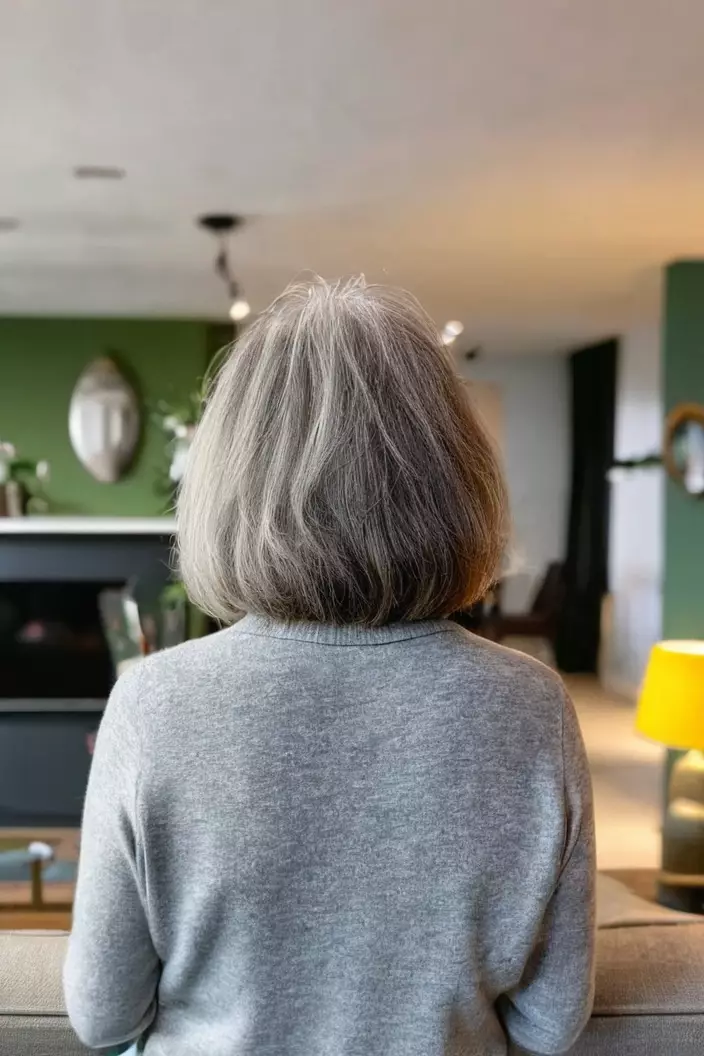 Shaggy Lob A photo of a 61-year-old Patricia, shaggy lob, back view, living room background