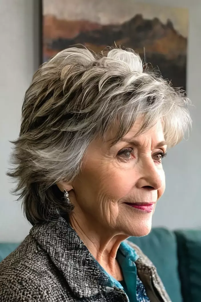 Shag With Choppy Layers A photo of a 65-year-old Helen, shag with choppy layers, angled view, living room background