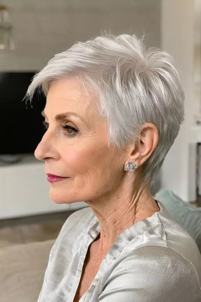 A photo of a 57-year-old Margaret, silver white pixie, side view, living room background  