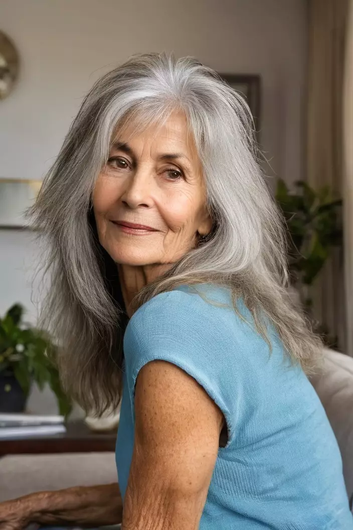 A photo of a 64-year-old Barbara, long shaggy hair, side view, living room background  