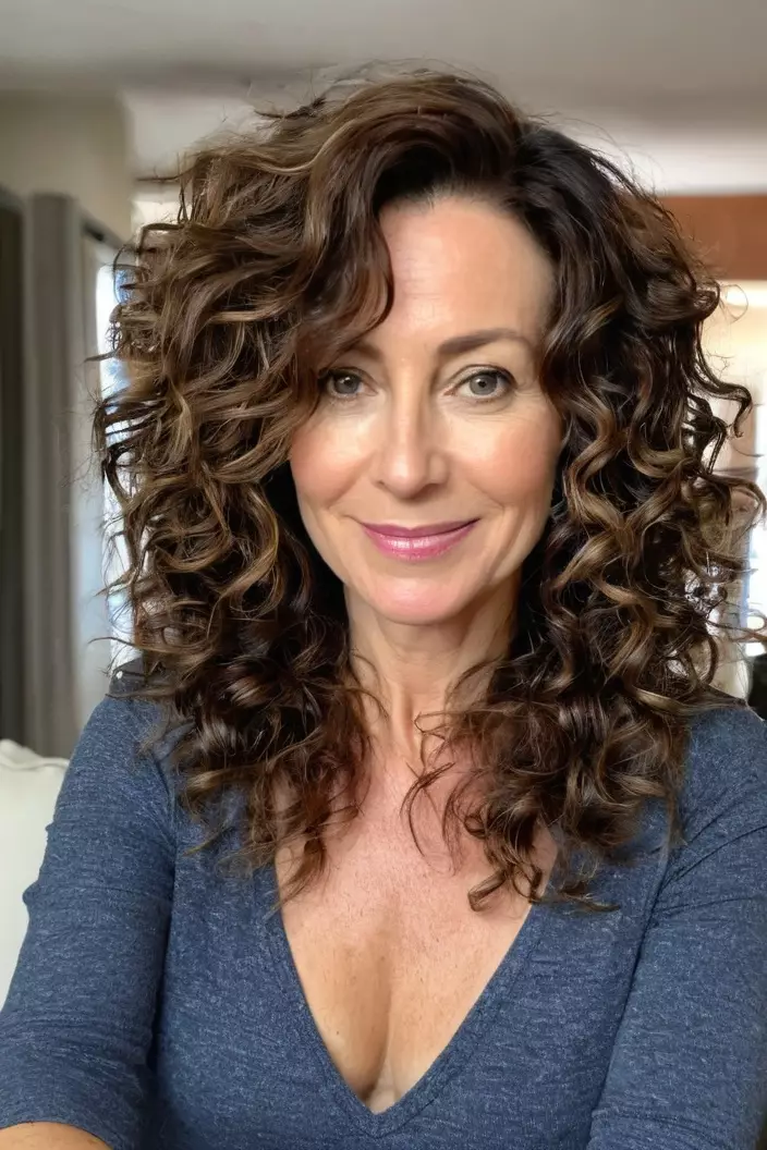 A photo of a 43-year-old Megan, loose layered curls for thick hair, living room background  