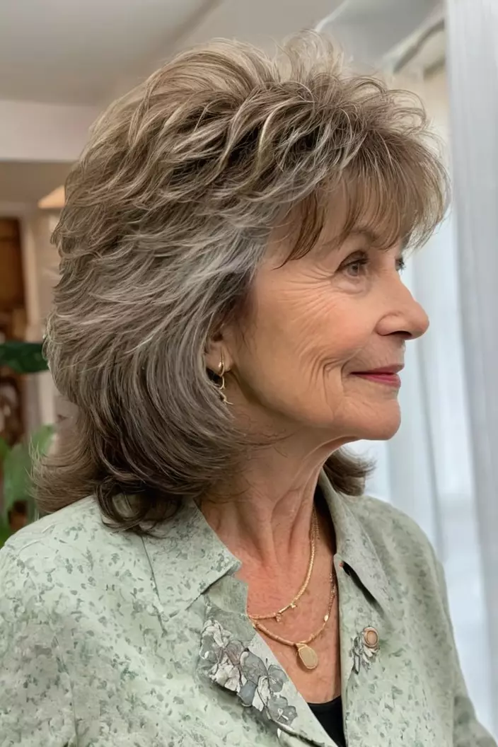 Soft Shaggy Layers With Bangs A photo of a 64-year-old Carol, soft shaggy layers with bangs, side view, living room background