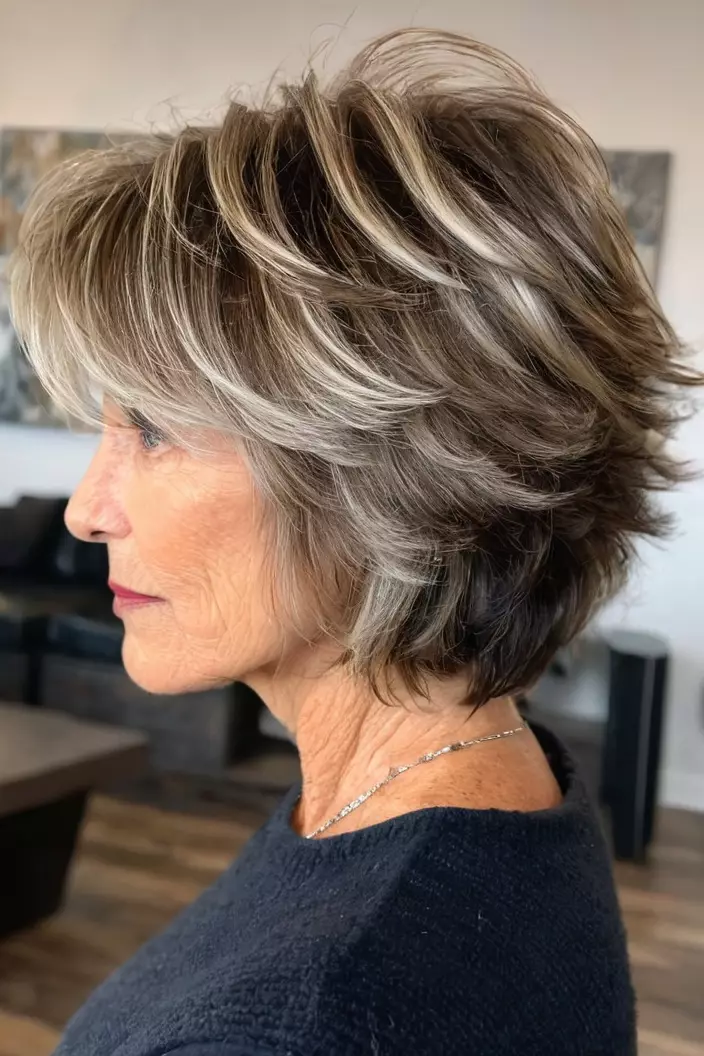 Short Shag With Balayage Highlights A photo of a 61-year-old Ellen, short shag with balayage highlights, angled view, living room background