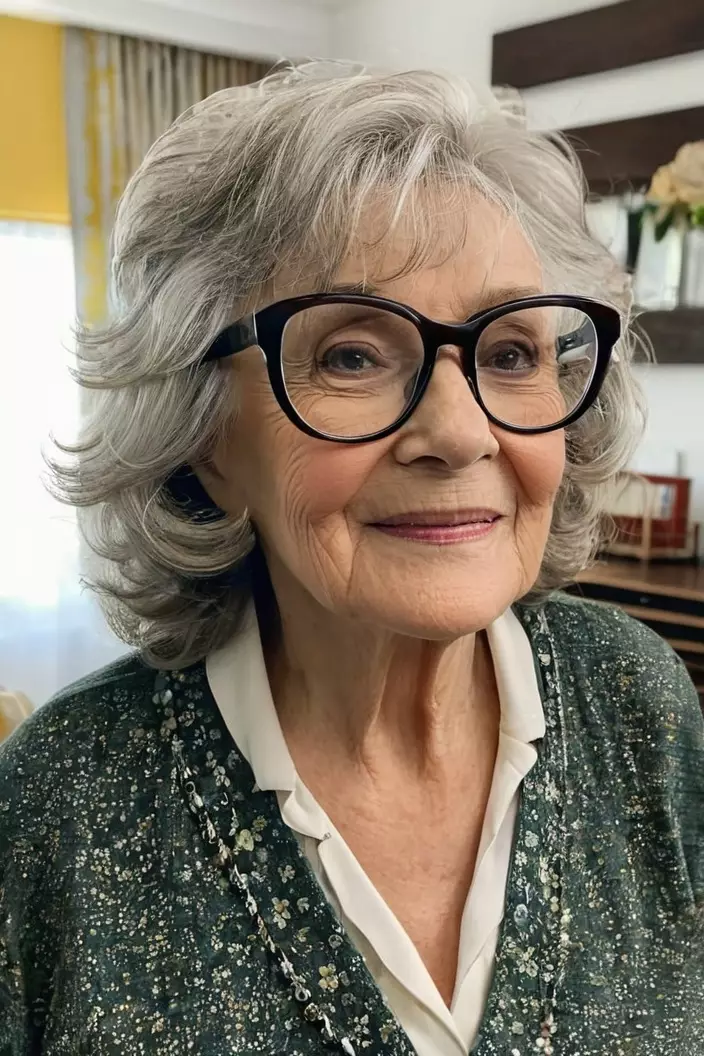 A photo of a 73-year-old Doris wearing glasses, wavy layers with curtain bangs, back view, living room background  