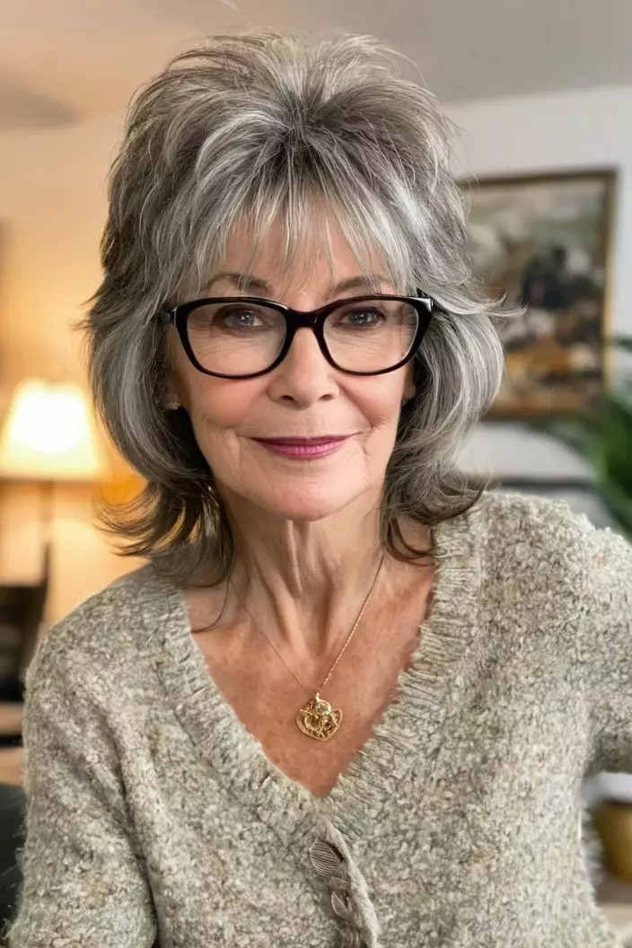 A photo of a 63-year-old Laura wearing glasses, shaggy layers with wispy bangs, back view, living room background  