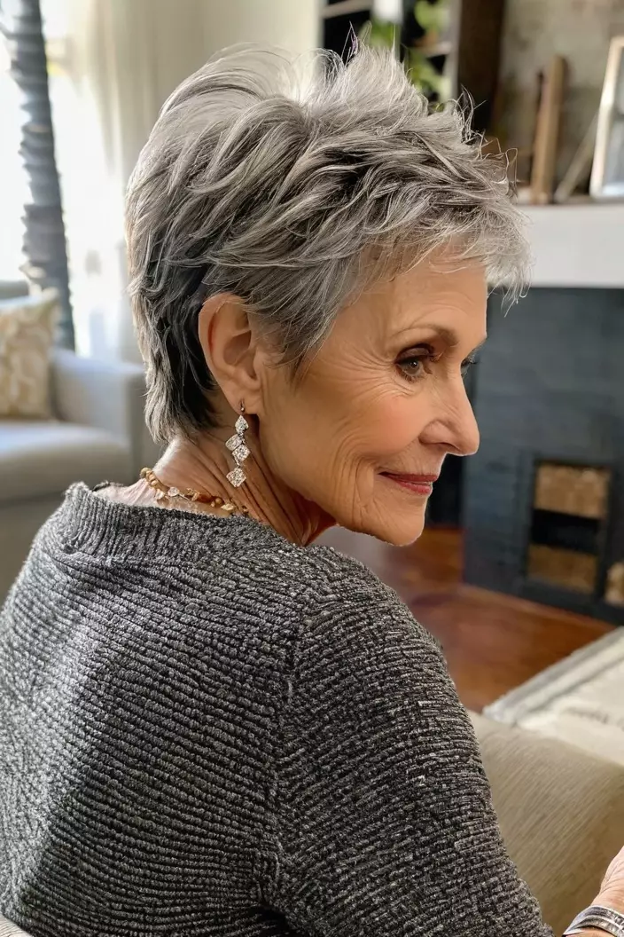 A photo of a 68-year-old Susan, textured pixie, back view, living room background  