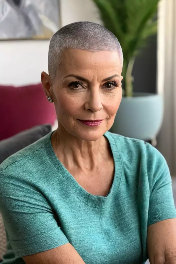 A photo of a 55-year-old Cynthia, Buzz Cut, front view, living room background  