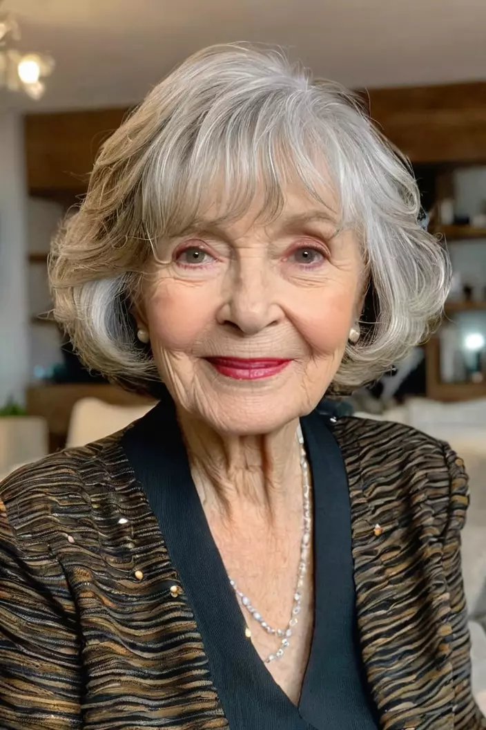 A photo of a 78-year-old Helen, layered wavy bob with bangs hairstyle, front view, living room background  
