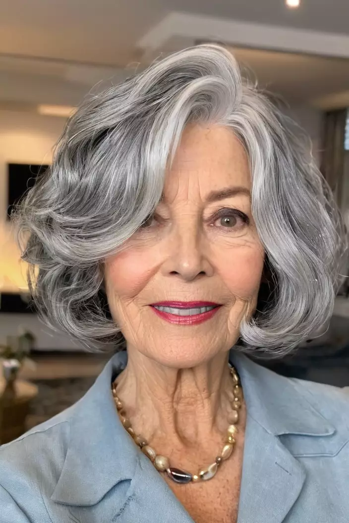A photo of a 64-year-old Evelyn, wavy gray bob, angled view, living room background  