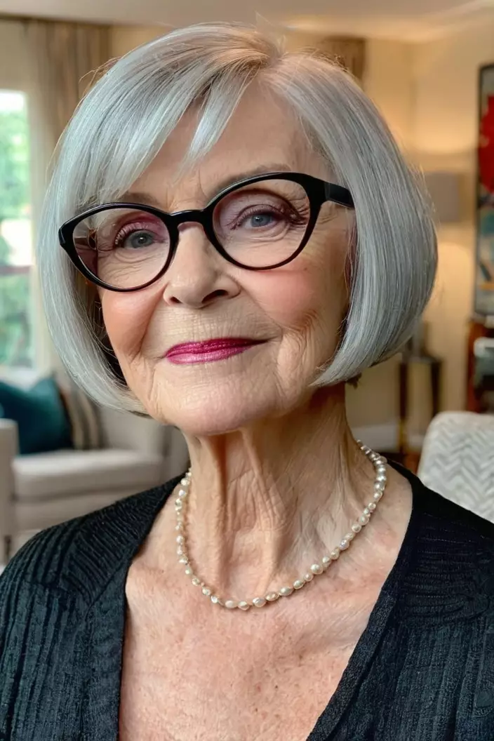 A photo of a 70-year-old Debbie wearing glasses, pixie bob, front view, living room background  
