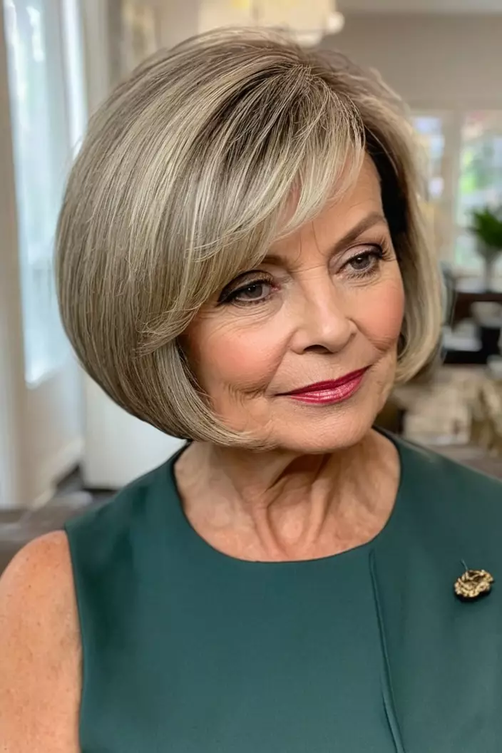 A photo of a 60-year-old Betty, rounded bob with side-swept bangs with fine hair, side view, living room background  