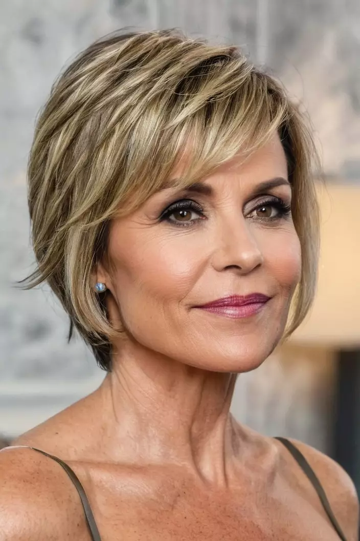 A photo of a 47-year-old Amanda, pixie with side-swept bangs for thick hair, living room background  