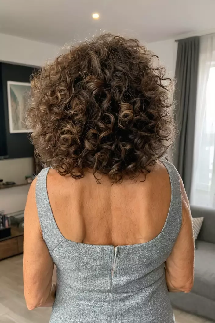A photo of a 59-year-old Barbara, Medium-Length Natural Curls, back view, living room background