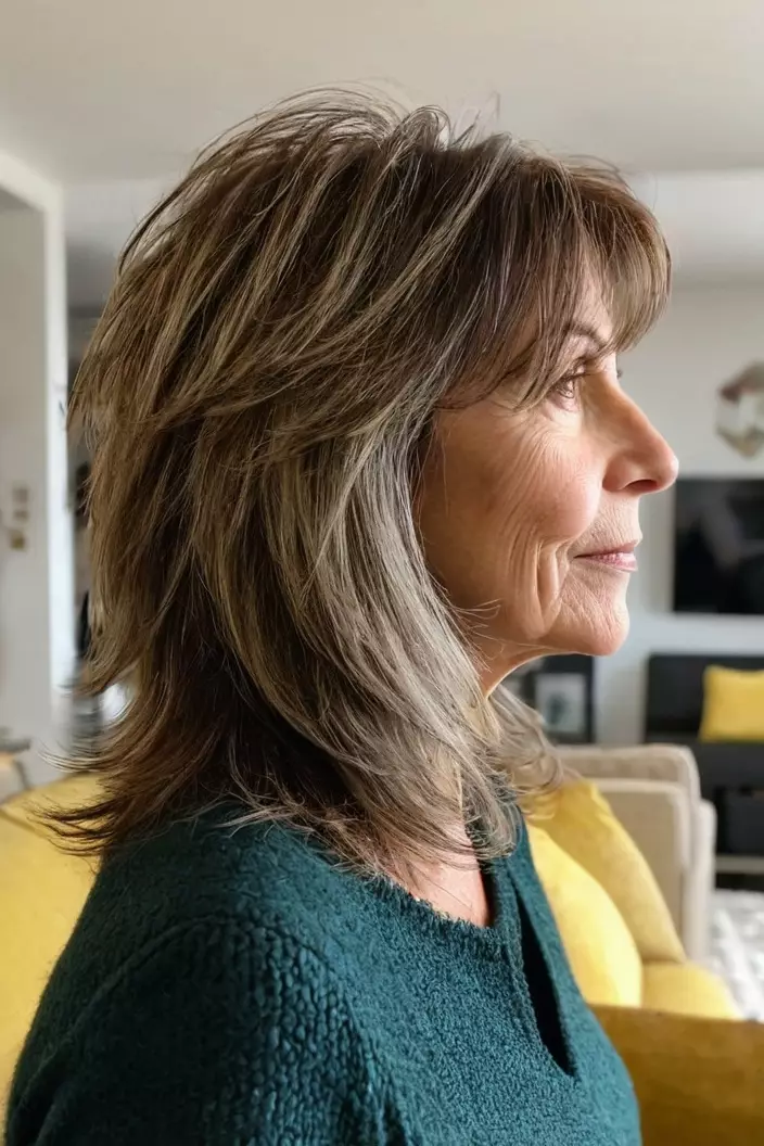 A photo of a 59-year-old Sarah, medium-length shaggy layers, side view, living room background  