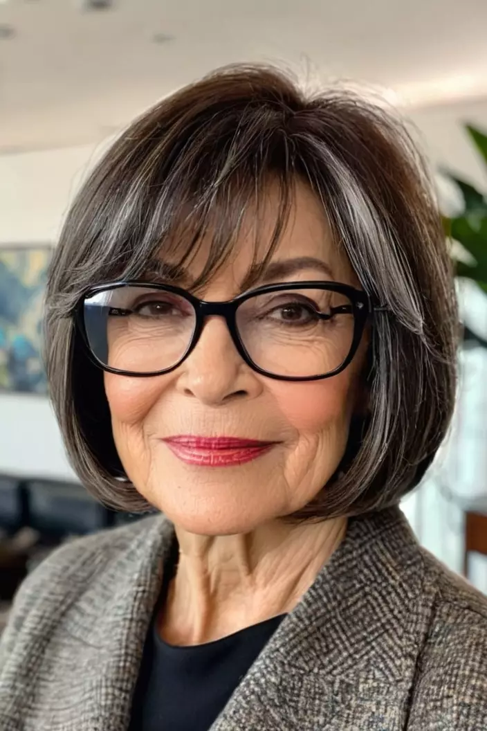 A photo of a 61-year-old Patricia wearing glasses, layered bob with side-swept bangs, back view, living room background  