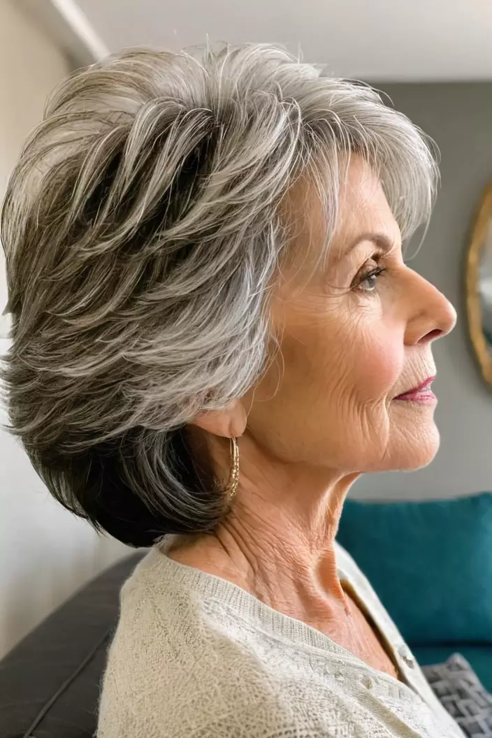 A photo of a 62-year-old Ann, short shag with fine hair, side view, living room background  