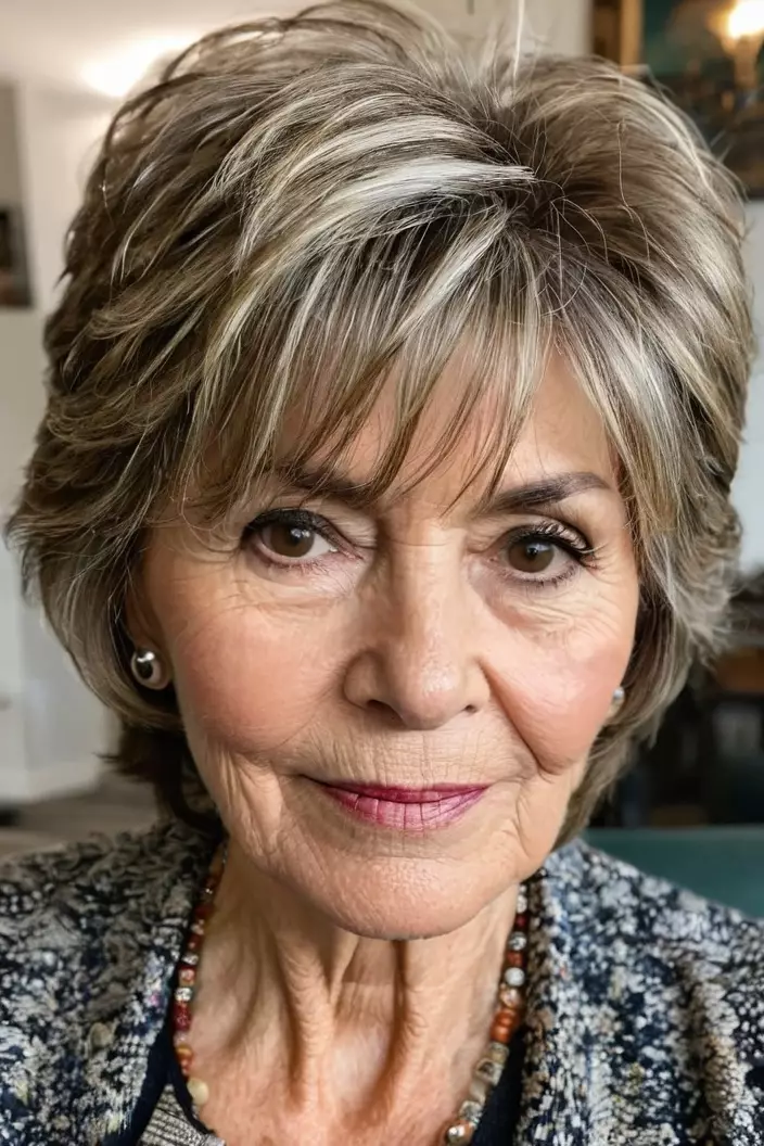 A photo of a 67-year-old Gloria, short layered shaggy cut with fine hair, front view, living room background  