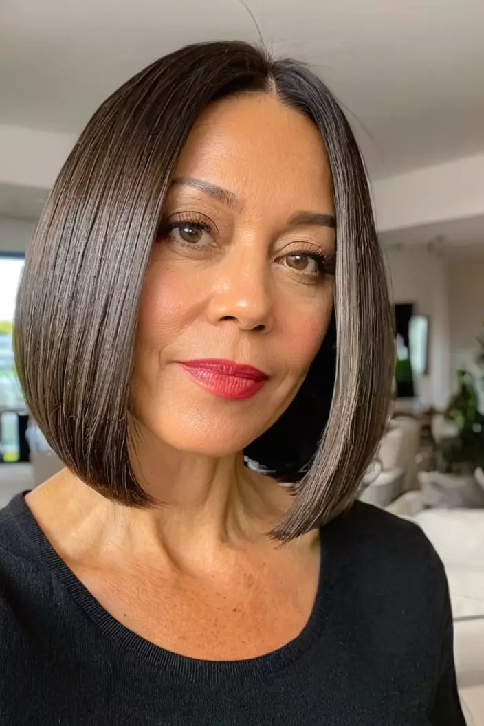 A photo of a 40-year-old Angela, rounded bob for thick hair, living room background  