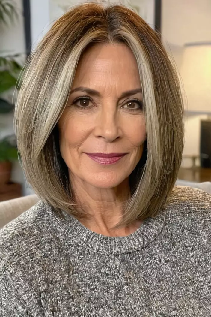 A photo of a 46-year-old Cindy, long layered bob for thick hair, living room background  