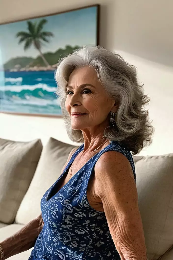 A photo of a 69-year-old Cheryl, beach waves, side view, living room background  