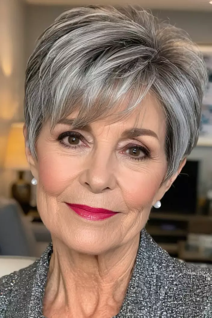 A photo of a 63-year-old Melanie, gray pixie with side-swept bangs with fine hair, front view, living room background  
