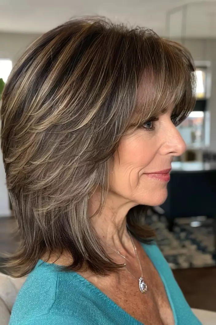 A photo of a 55-year-old Tiffany, mid-length cut with layers, back view, living room background  
