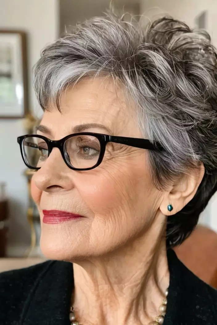 A photo of a 60-year-old Ruth wearing glasses, pixie with textured layers, side view, living room background  