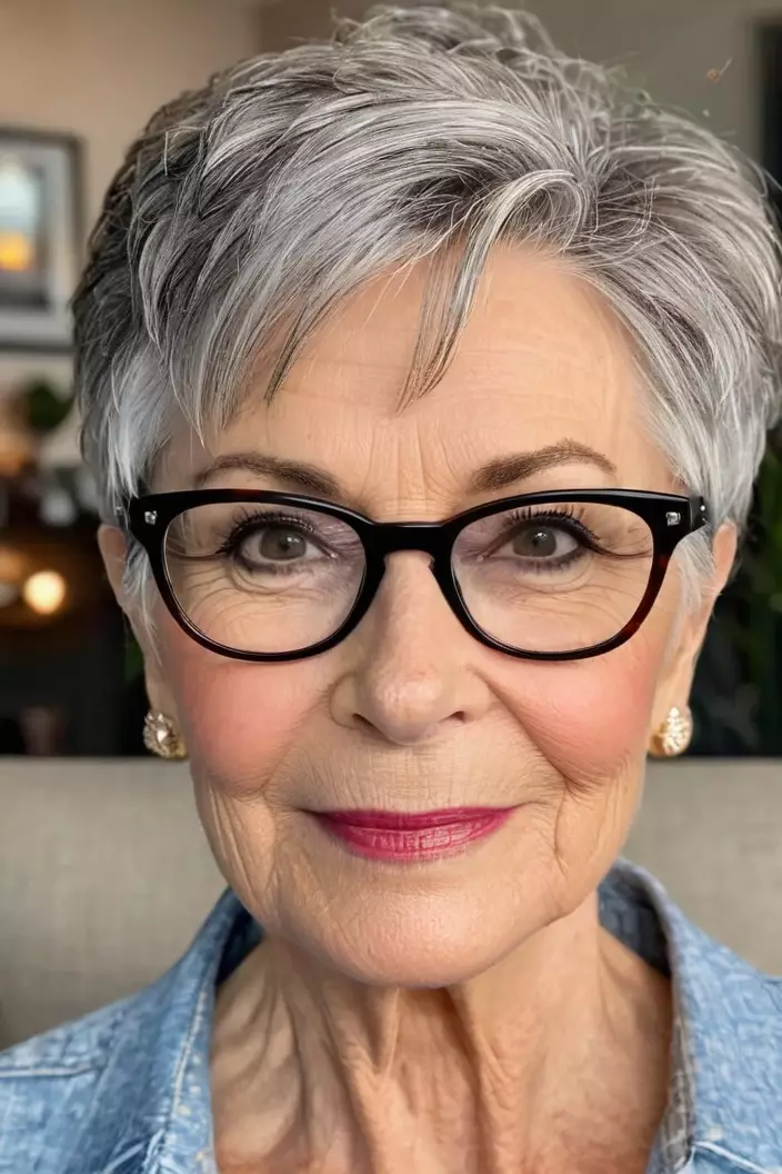 A photo of a 64-year-old Christine wearing glasses, cropped pixie, front view, living room background  