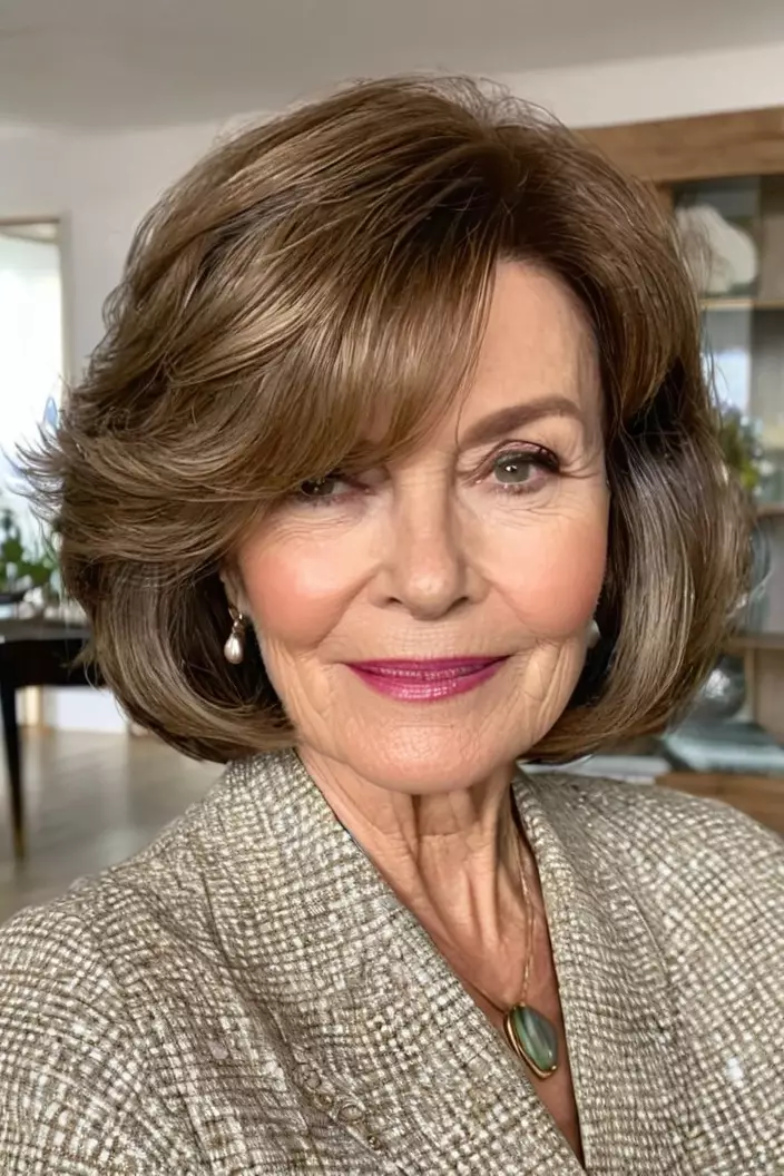 A photo of a 62-year-old Anna, wavy bob with side part with fine hair, front view, living room background  