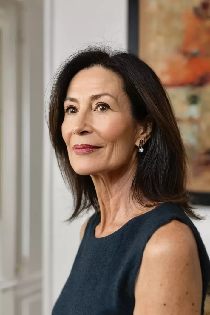 A photo of a 50-year-old Karen, Long Face-Framing Layers, side view, living room background  