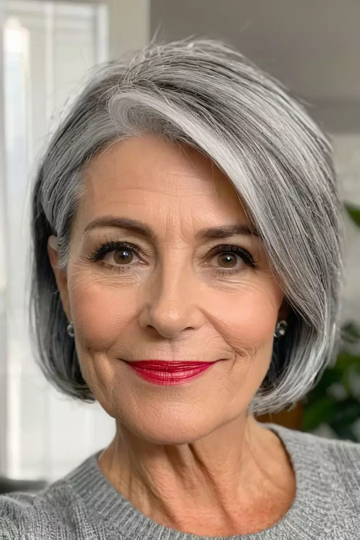 A photo of a 53-year-old Holly, gray pixie bob, living room background  
