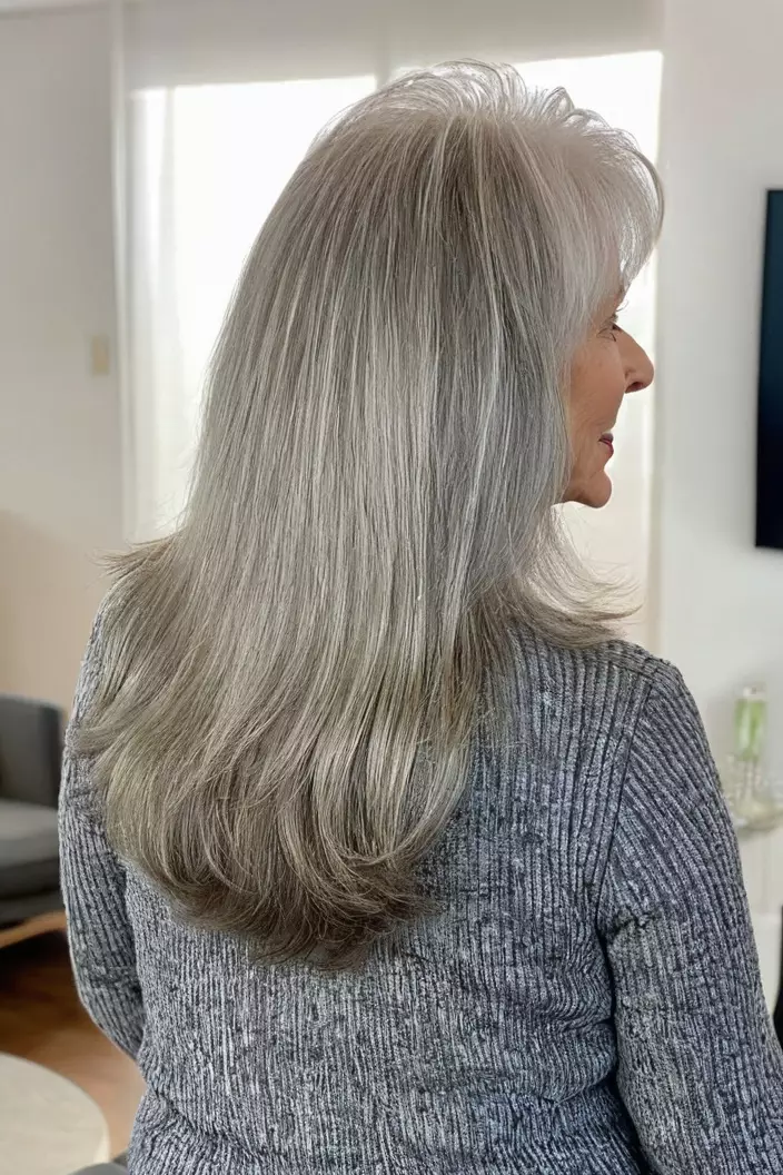 Platinum Shag For Thick Hair A photo of a 63-year-old Patricia, platinum shag for thick hair, back view, living room background