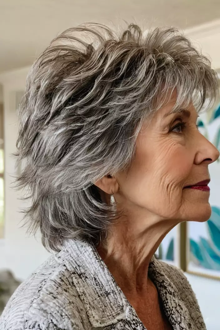 Cropped Textured Shag A photo of a 62-year-old Ann, cropped textured shag, side view, living room background