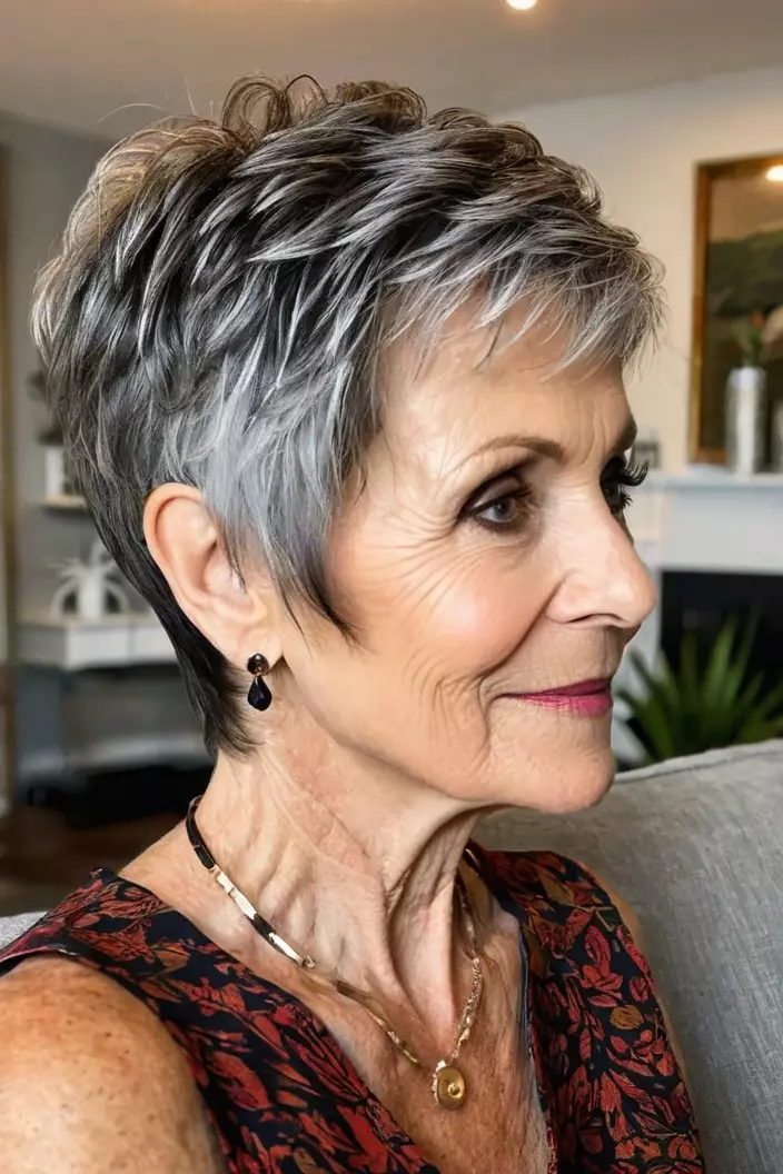 A photo of a 64-year-old Janice, layered pixie with fine hair, side view, living room background  