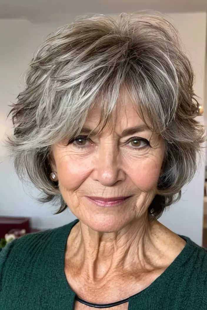 Tousled Shaggy Pixie Bob A photo of a 64-year-old Carol, tousled shaggy pixie bob, front view, living room background