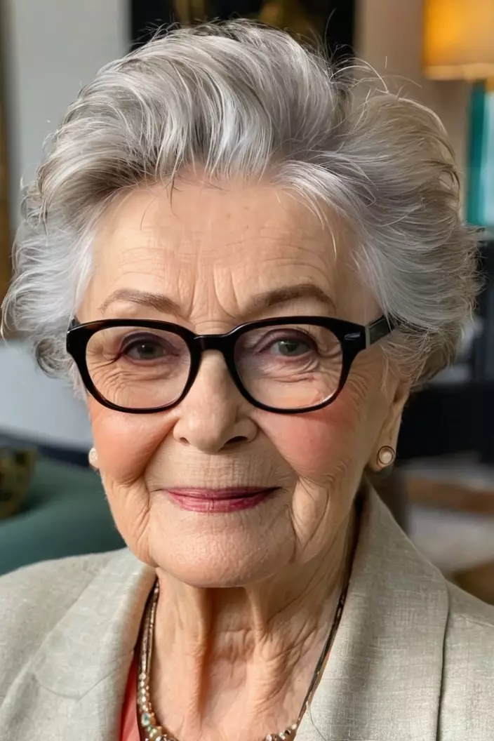 A photo of a 79-year-old Helen wearing glasses, tousled swept-back pixie, front view, living room background  