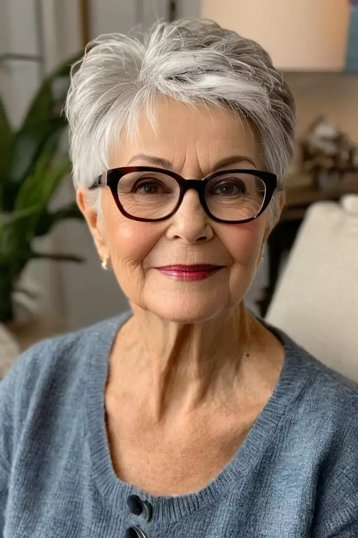 A photo of a 69-year-old Nancy wearing glasses, brushed forward pixie, angled view, living room background  
