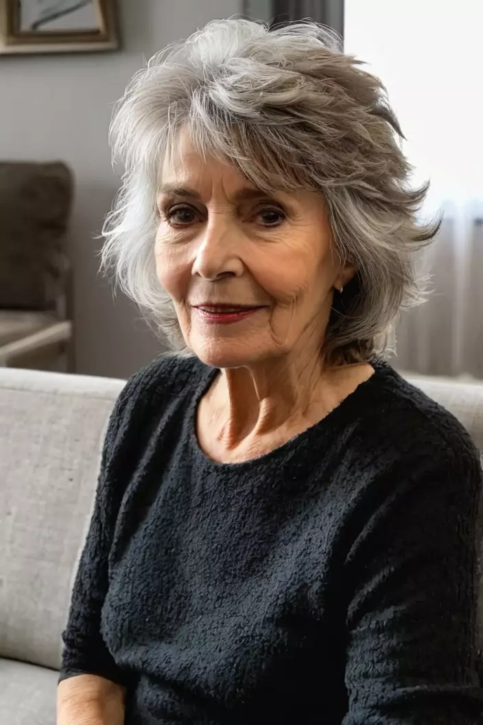Choppy Shag With Volume A photo of a 66-year-old Patricia, choppy shag with volume, angled view, living room background