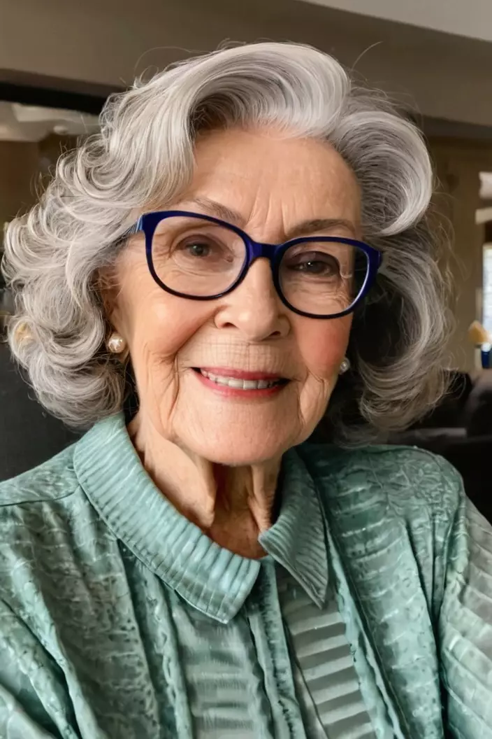 A photo of a 76-year-old Phyllis wearing glasses, medium-length waves, front view, living room background  
