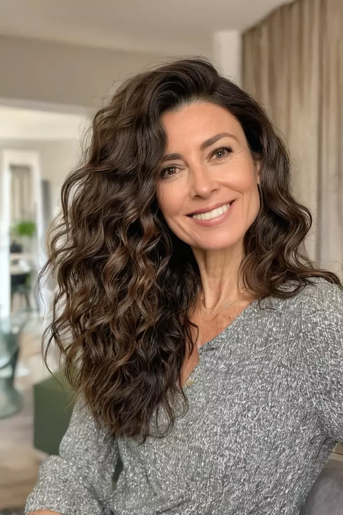 A photo of a 40-year-old Isabella, textured waves for thick hair, living room background  