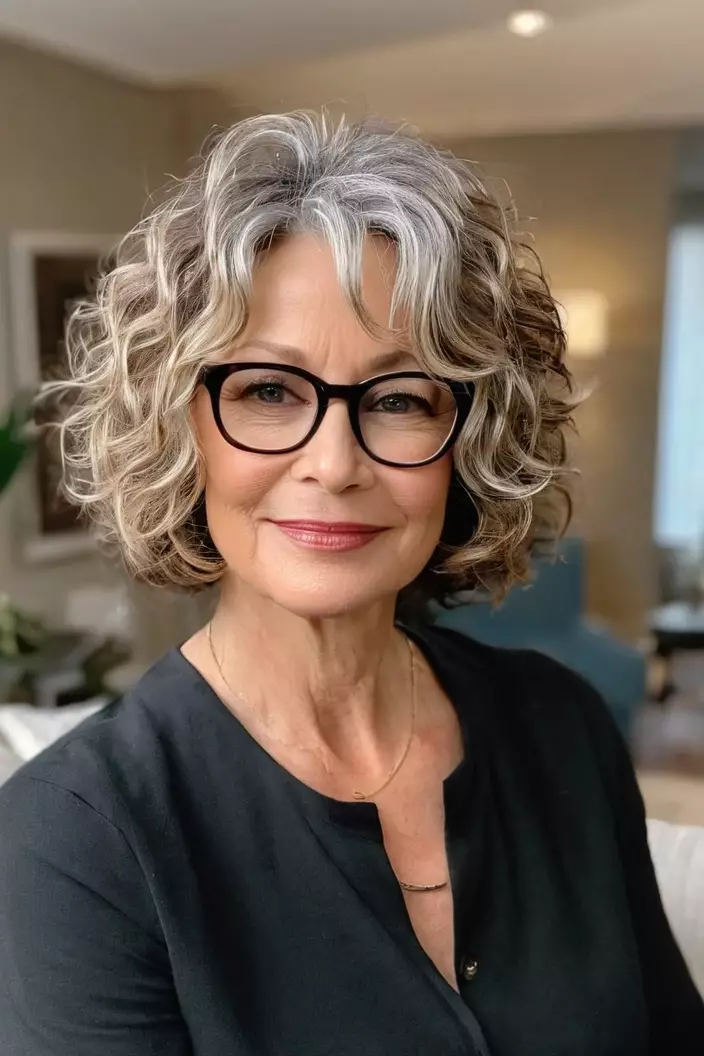 A photo of a 61-year-old Jennifer wearing glasses, curly layered bob, front view, living room background  