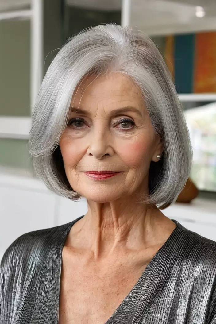 A photo of a 65-year-old Barbara, straight silver lob, front view, living room background  