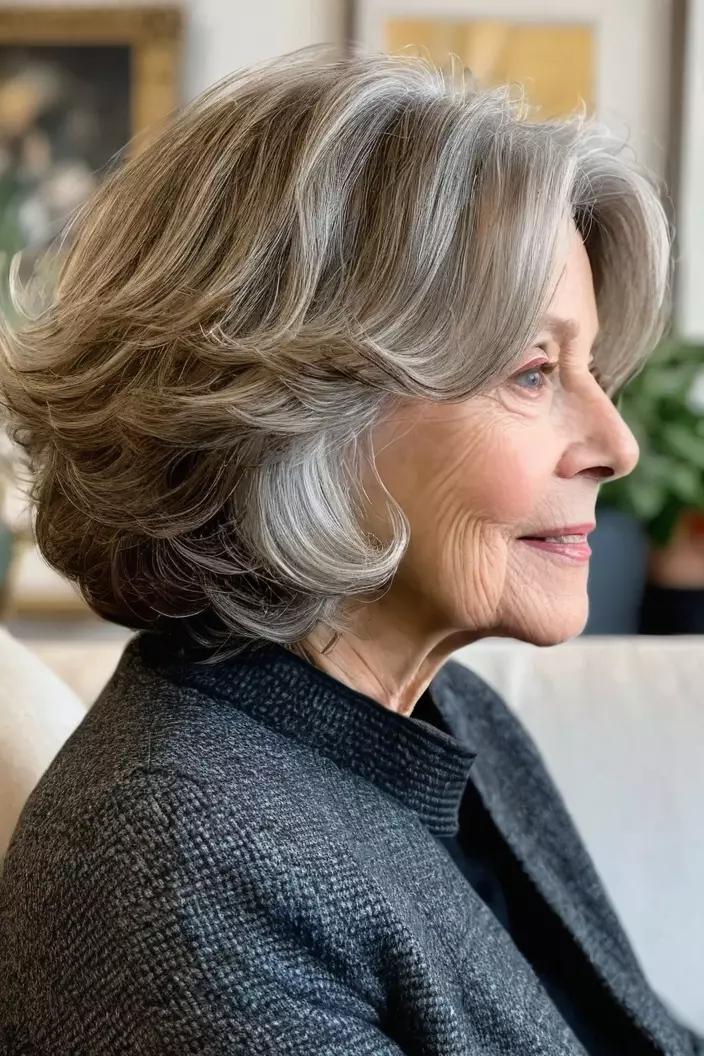 A photo of a 66-year-old Theresa, wavy bob with fine hair, side view, living room background  