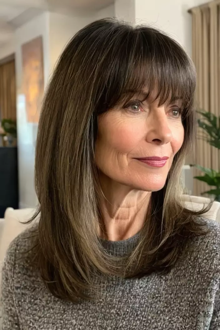 A photo of a 51-year-old Diane, long layers with bangs, side view, living room background  