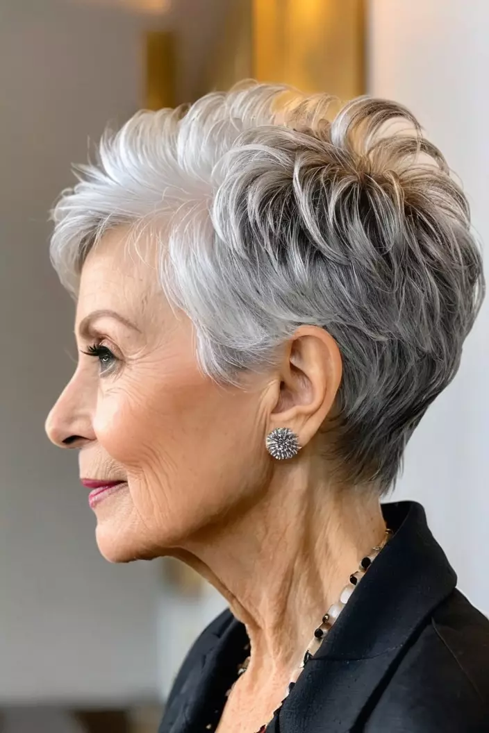 A photo of a 73-year-old Linda, textured silver pixie hairstyle, side view, living room background  