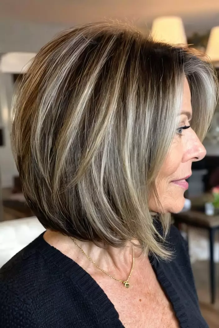 A photo of a 52-year-old Linda, highlighted layered long bob, side view, living room background  