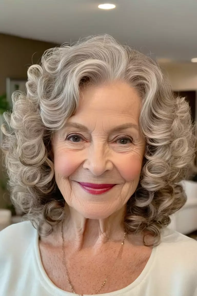 Shoulder-Length Curls A photo of a 74-year-old Melissa, shoulder-length curls hairstyle, front view, living room background.