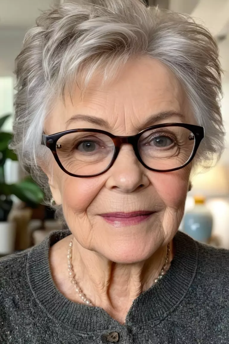 A photo of a 76-year-old Kimberly, Tousled Pixie With Glasses, Front view, living room background